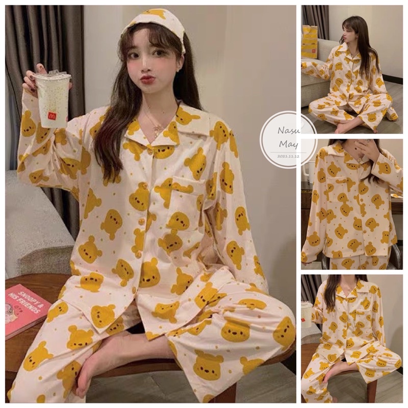 Bộ Đồ Ngủ Pijama Mặc Nhà Nữ Gấu Vàng Form Rộng