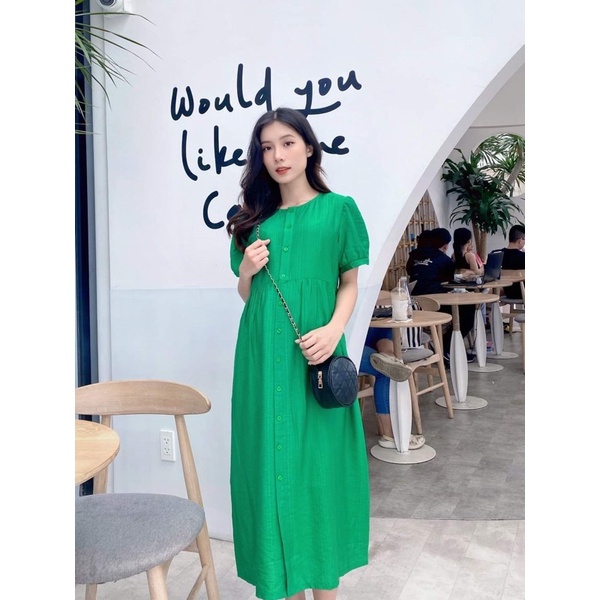 ( ảnh thật shop chụp) ĐẦM DÁNG DÀI SUÔNG DÀNH CHO BẦU - nút cài thật, sau sinh cho bé bú được