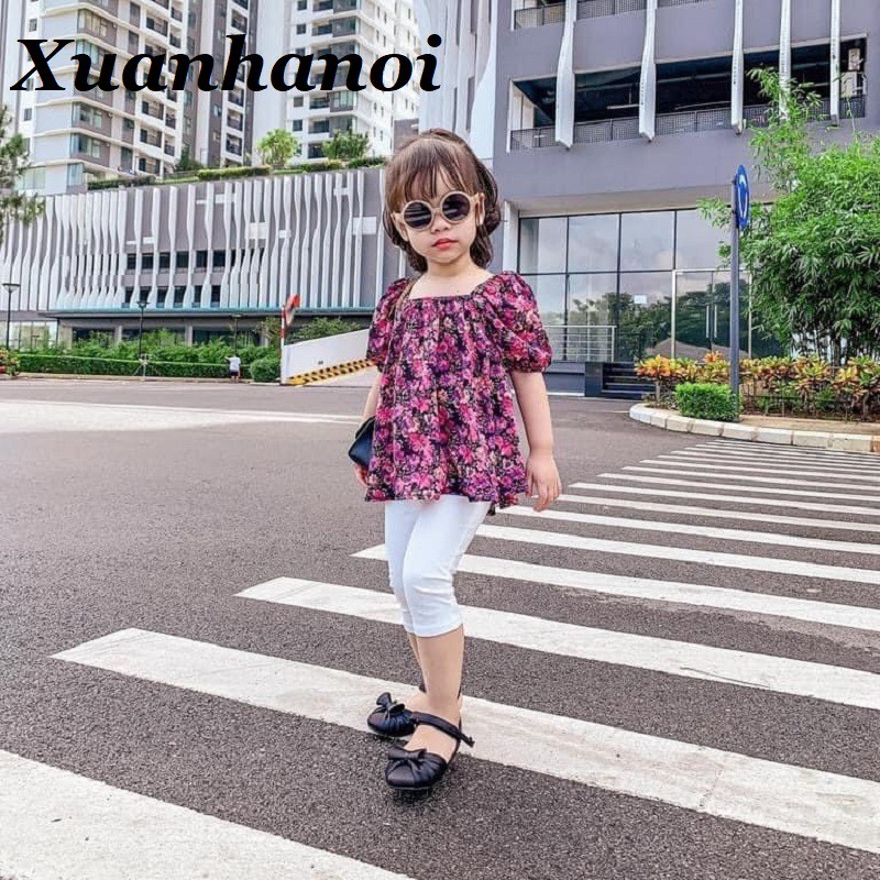 Set quần áo hè bé gái Áo tím và quần legging cotton trắng XHN573