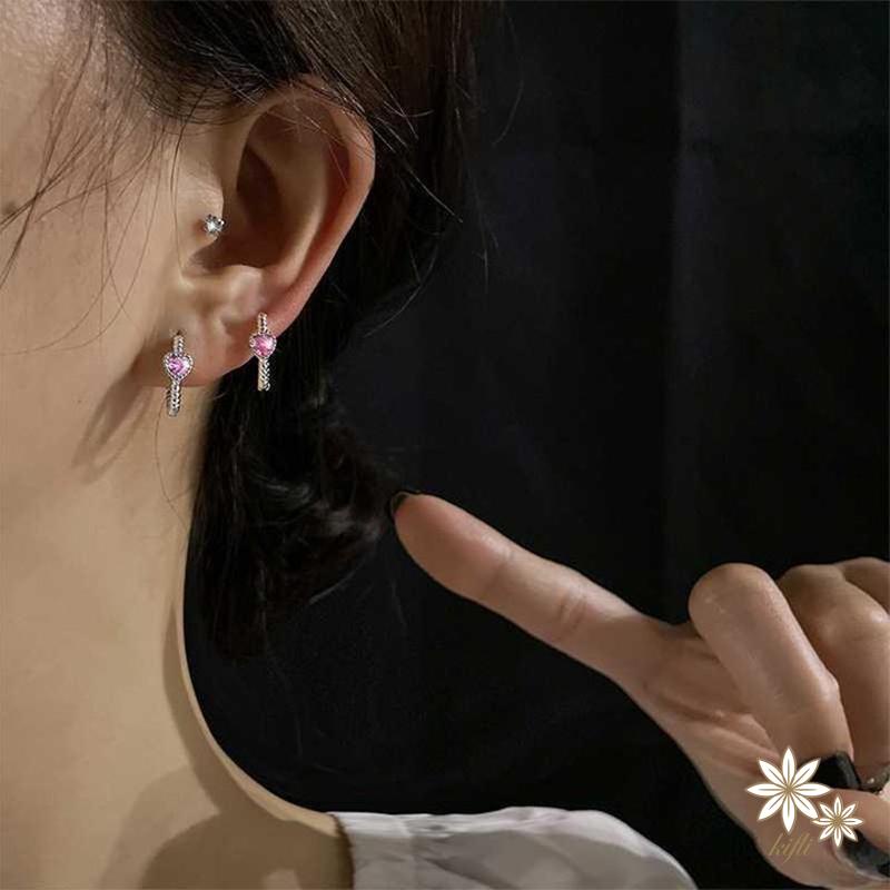 Đôi khuyên tai dạng vòng xoắn đính đá zircon màu hồng trái tim đơn giản thời trang dành cho bạn nữ