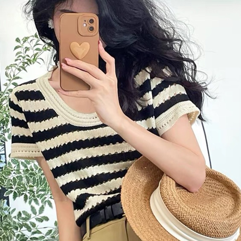 Áo Thun Dệt Kim Ngắn Tay Cổ Tròn Họa Tiết Kẻ Sọc Phong Cách Hàn Quốc Thời Trang Cho Nữ
