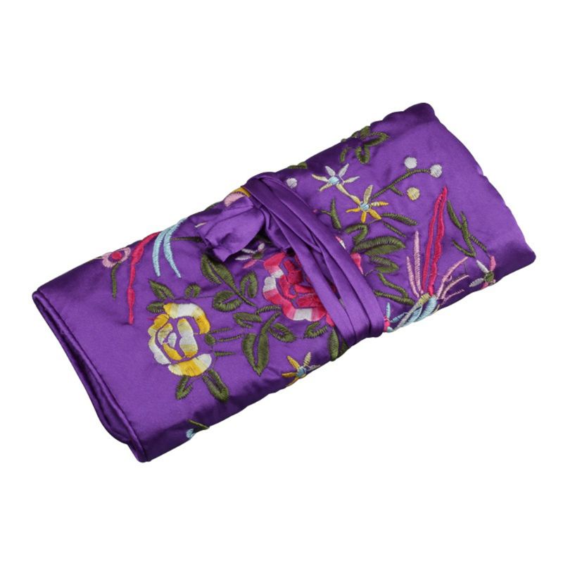 HO Oriental Silk Jewelry Roll Wrap Embroidery Jewellery Pouch Organizer Travel Ornaments Storage Case