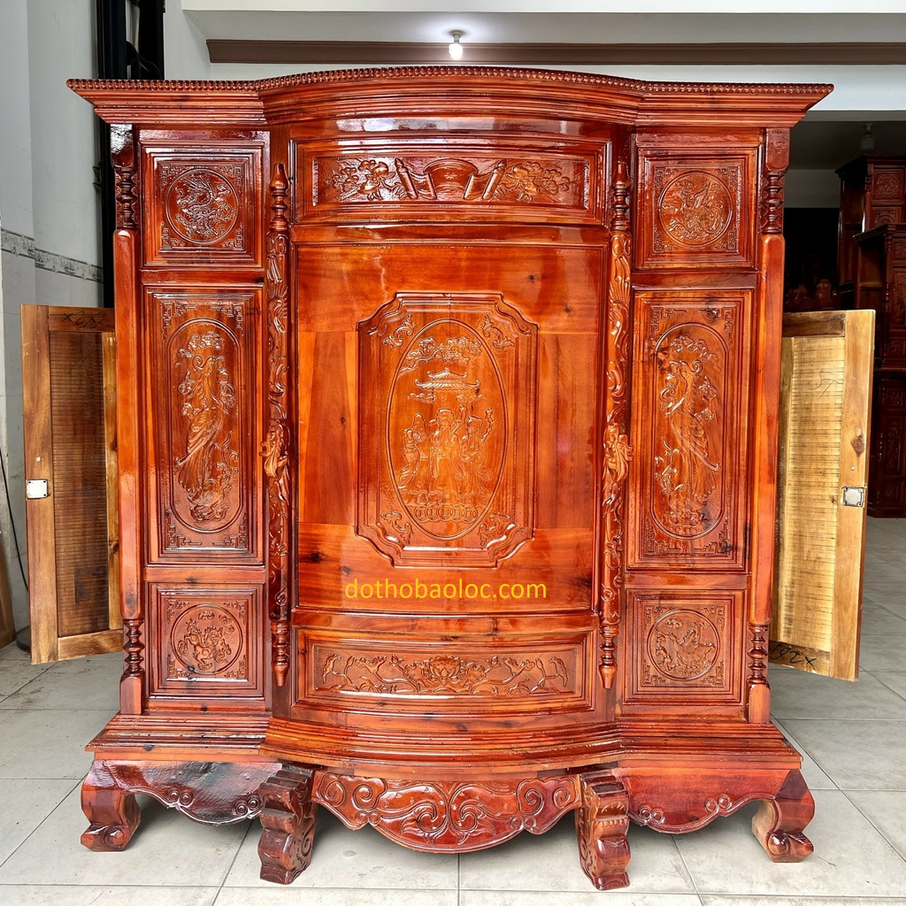 Tủ thờ gia tiên gỗ tràm bông vàng ngang 1m45