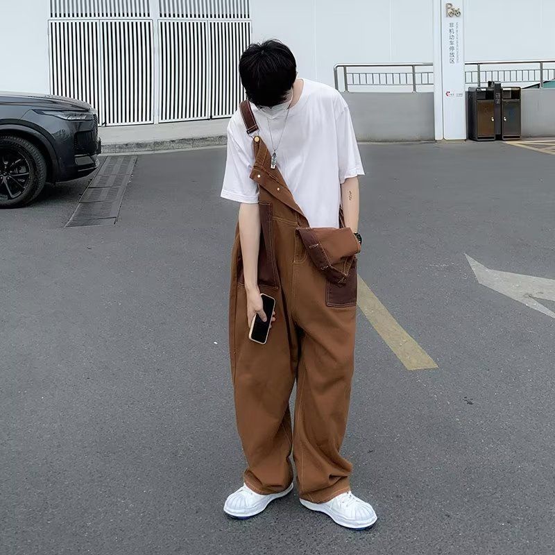 IMaodou Quần Yếm Dáng Rộng Nhiều Túi Màu Sắc Tương Phản Phong Cách Hong Kong Cho Nam Và Nữ Size S-4XL