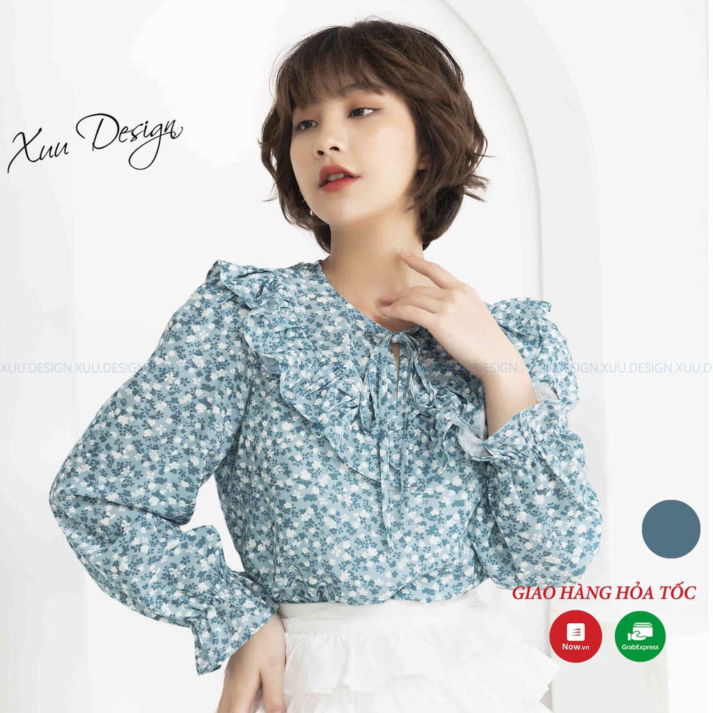 Áo sơ mi nữ công sở dài tay Xuu, chất liệu voan họa tiết hoa nhí trẻ trung - TK21.04 hoa xanh
