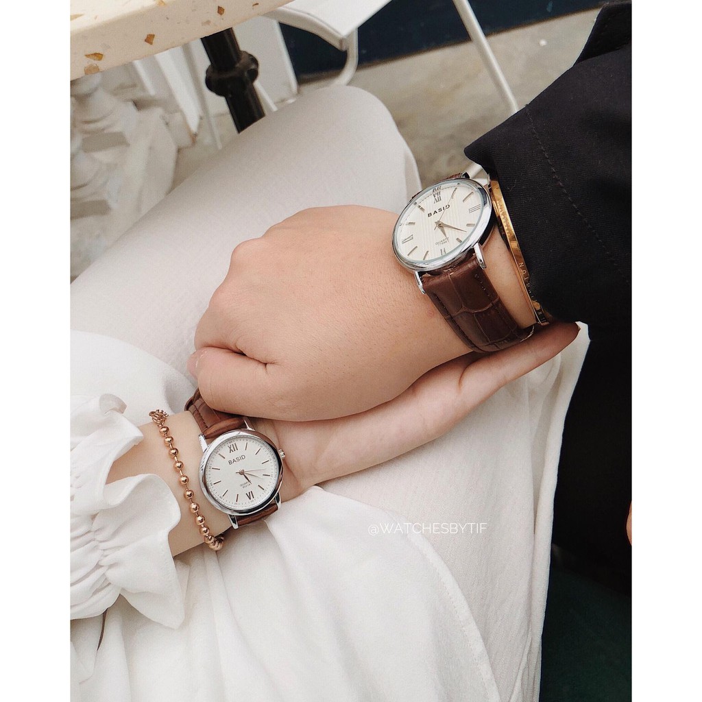 Đồng hồ cặp nam nữ dây da cá sấu BASID KIM nâu mặt trắng đồng hồ đôi chính hãng Watchesbytif size 30mm &amp; size 38mm