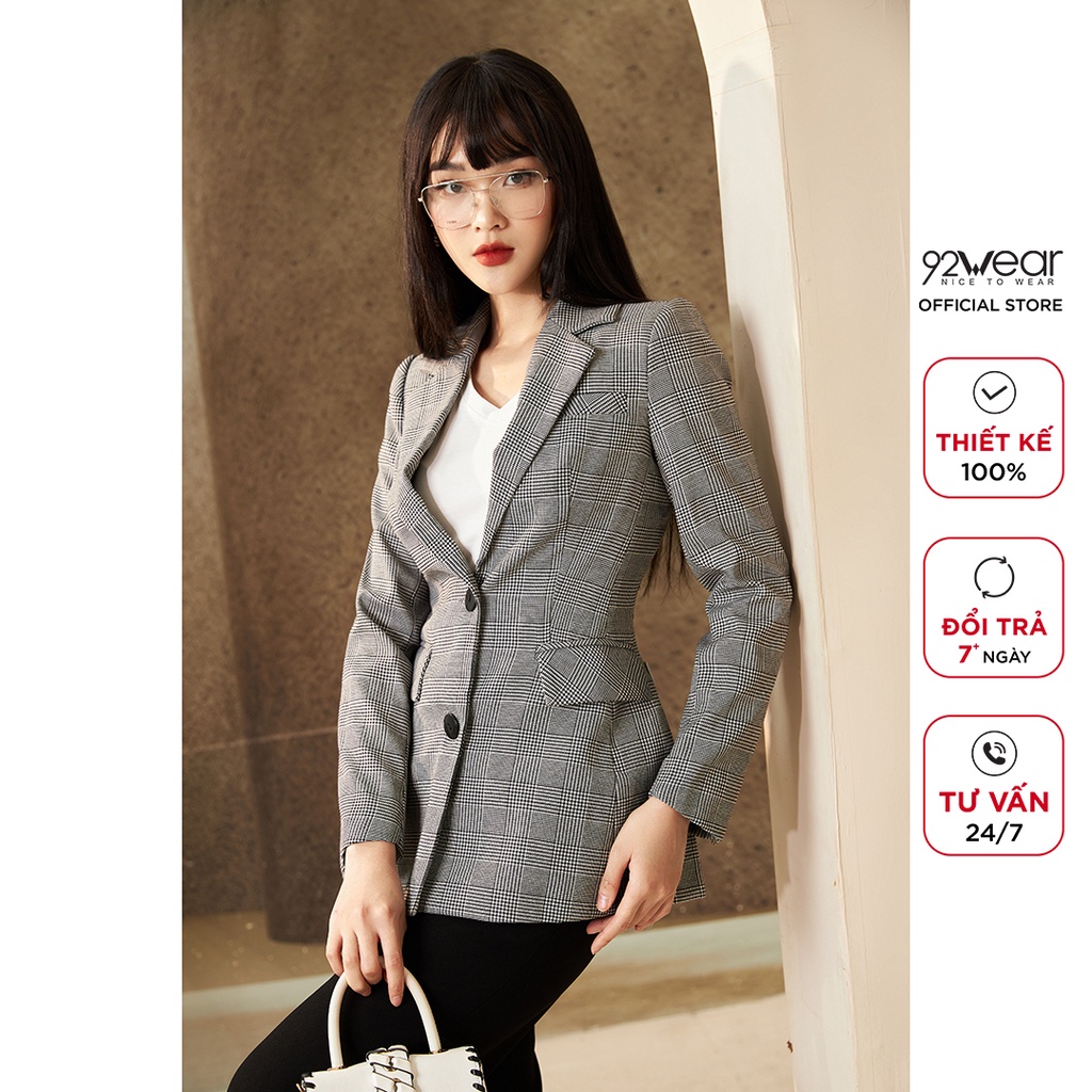Áo vest nữ kẻ dài tay túi ốp 92WEAR, thiết kế hàn quốc cổ bẻ thanh lịch, trẻ trung VDA1799 | BigBuy360 - bigbuy360.vn