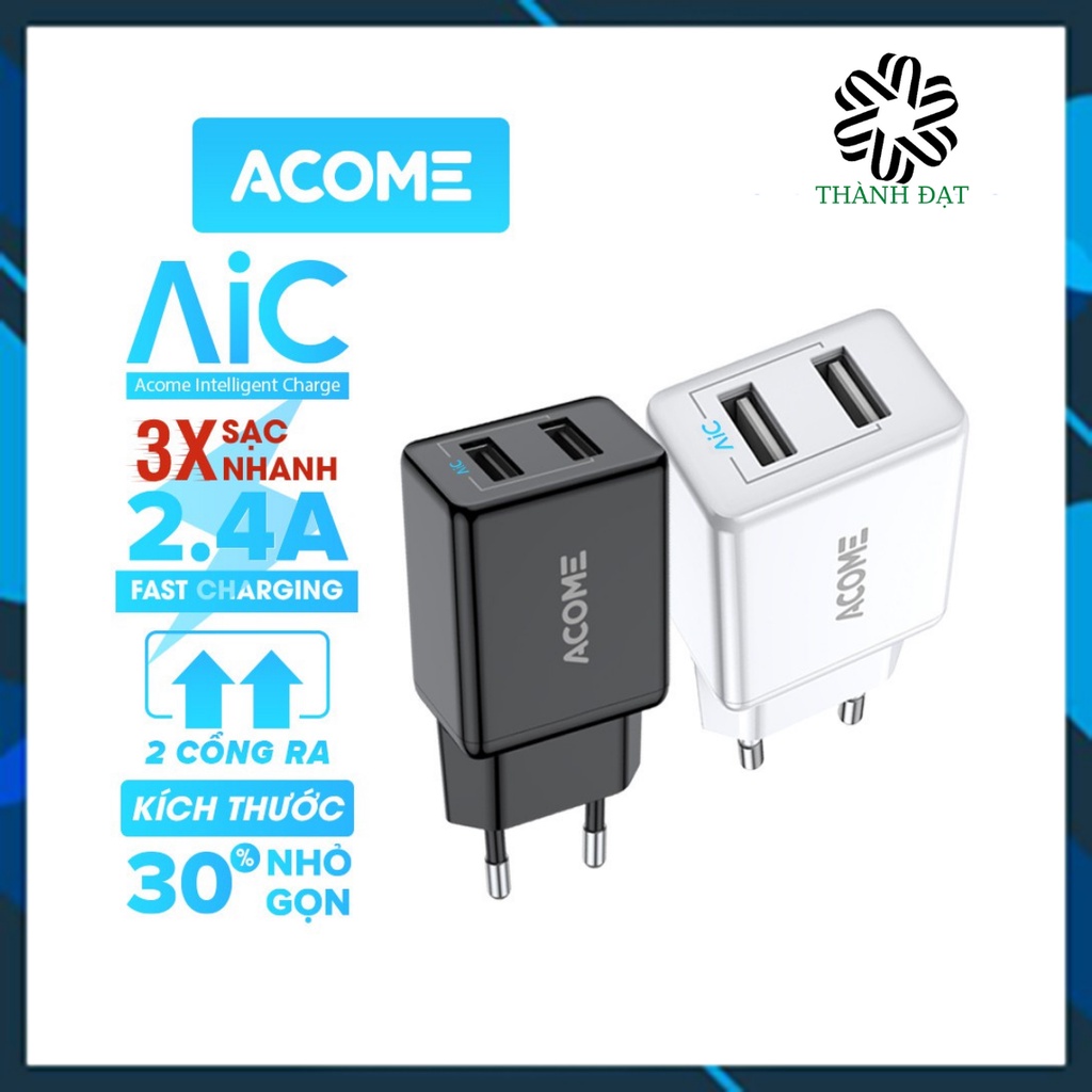 (CHÍNH HÃNG) Củ sạc ACOME AC03 12W -2.4A - 2 Cổng USB Sạc Nhanh - BẢO HÀNH 12 tháng , lỗi 1 đổi 1