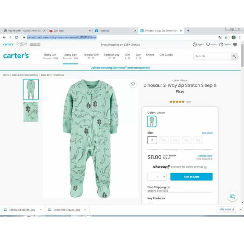 Body khóa kéo cotton cho bé