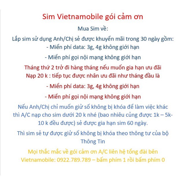 { SIM MMO }  Sim VietNamobile gói hoà mạng cảm ơn miễn phí 4G