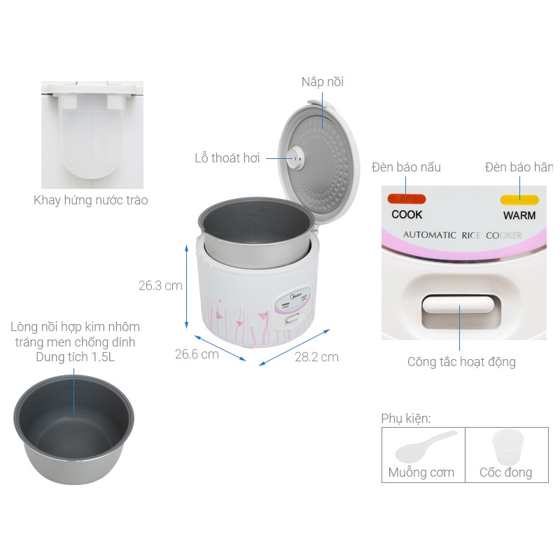 Nồi cơm mini nắp gài Midea 1.5 lít MR-CM1531, 700w, Chính hãng, Bảo hành 12 tháng