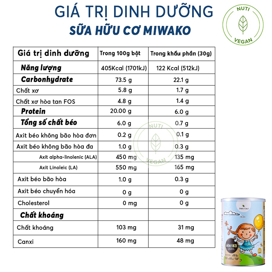 Sữa Miwako Nhập Khẩu Malaysia Hộp 400g Vị Gạo, Sữa Hạt Giúp Cải Thiện Giấc Ngủ Và Hệ Tiêu Hóa Cho Bé - nutivegan