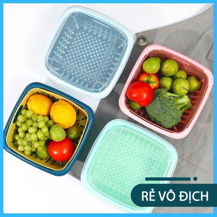 Rổ Đựng Hoa Quả Vuông 2 Tầng Ráo Nước
