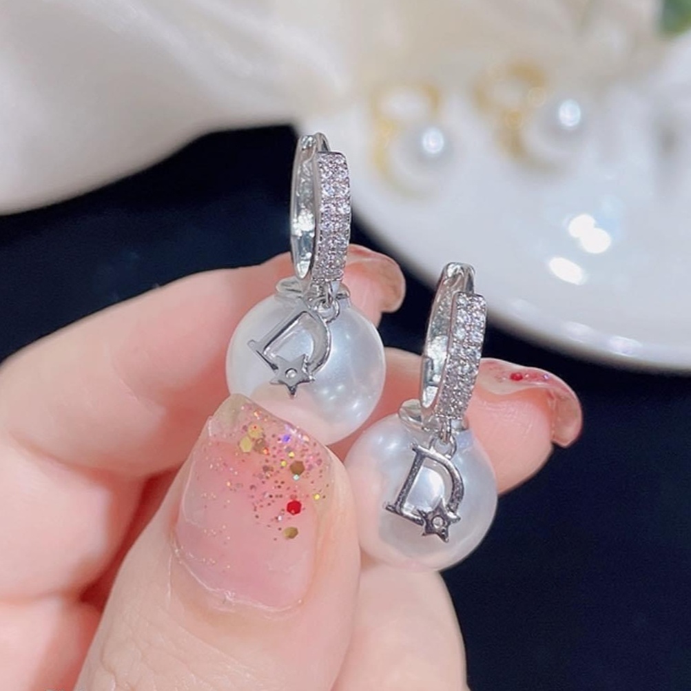 Bông tai nữ bạc ta cao cấp móc chữ D đính hạt trai nhân tạo - Trang sức bạc Evasilver