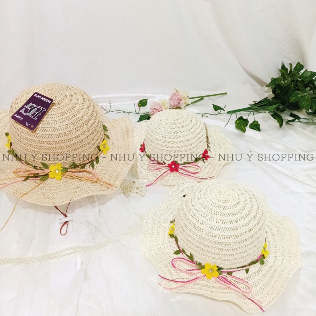 Nón mũ cói mềm vành lượn sóng hoa lá tiểu thư xinh cho bé gái có dây rút điều chỉnh,trên 4 tuổi vừa-q12 sóng bé