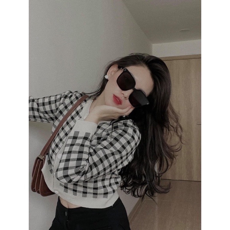 Áo Khoác Cardigan Dệt Kim Cổ Tròn Sọc Caro Phong Cách Hàn Quốc Thời Trang Mùa Thu Cho Nữ