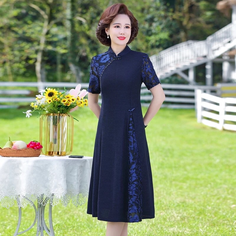 Đầm trung niên nữ cao cấp, hoạ tiết hoa nổi trẻ trung, kiểu dáng sang trọng NV0711