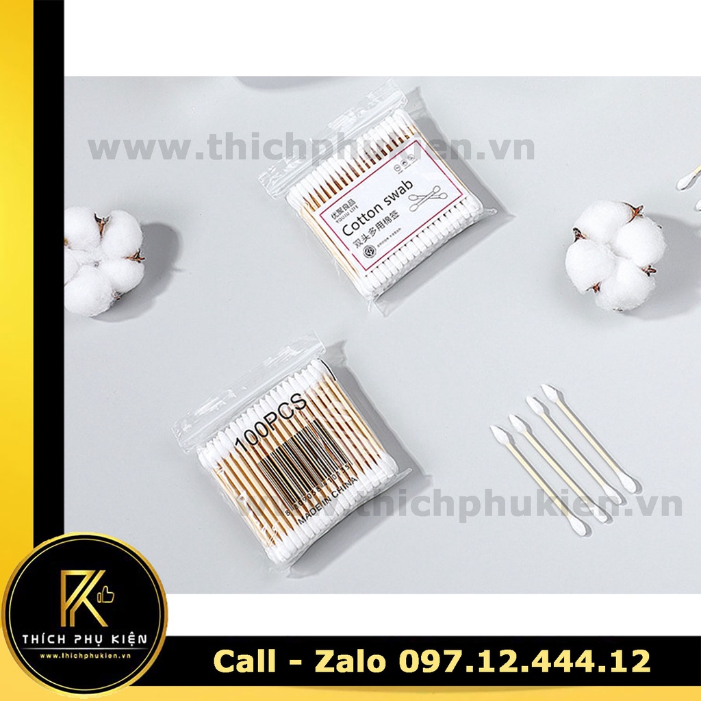 GÓI 100 Tăm Bông Ngoáy Tai, Rái Tai Siêu Thấm, Thân Gỗ