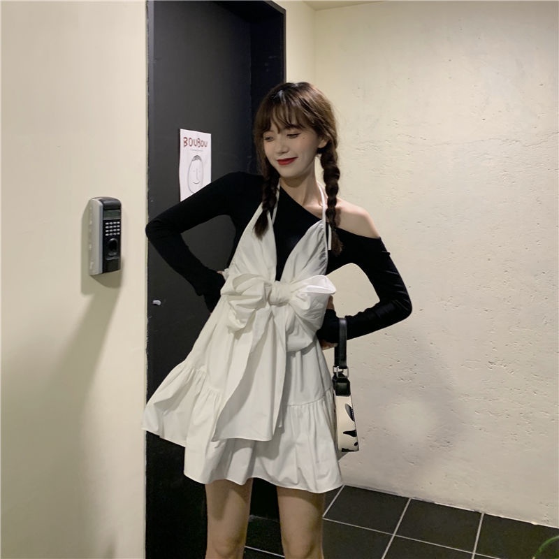 Bộ trang phục IELGY gồm áo trễ vai kèm đầm cổ yếm phối nơ thời trang retro cho nữ (có bán lẻ)