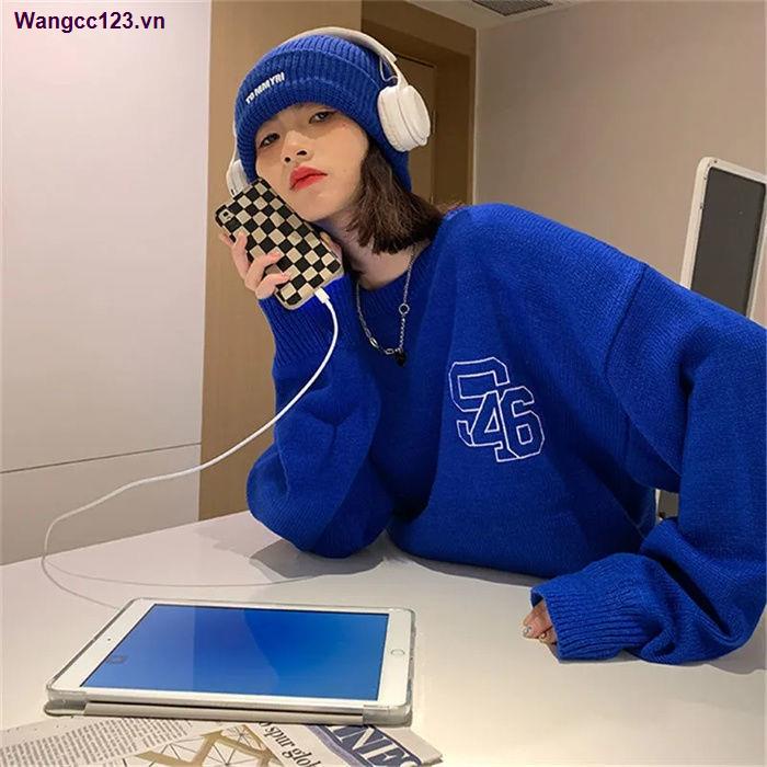 Áo sweater dệt kim dáng rộng in kỹ thuật số màu xanh dương phong cách Hàn Quốc thu đông mới cho nữ sinh