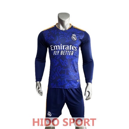 Quần áo bóng đá tay dài REAL MADRID màu XANH 21-22 CÓ IN tên số