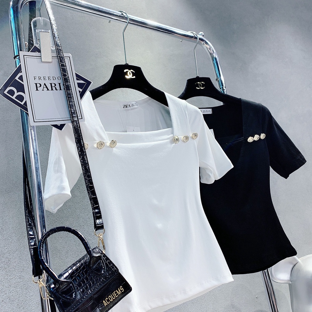 Áo Phông Cổ Vuông Cúc Ngực Chất Cotton Dẻo Lên Dáng Sang Chảnh Dễ Mix Đồ 153