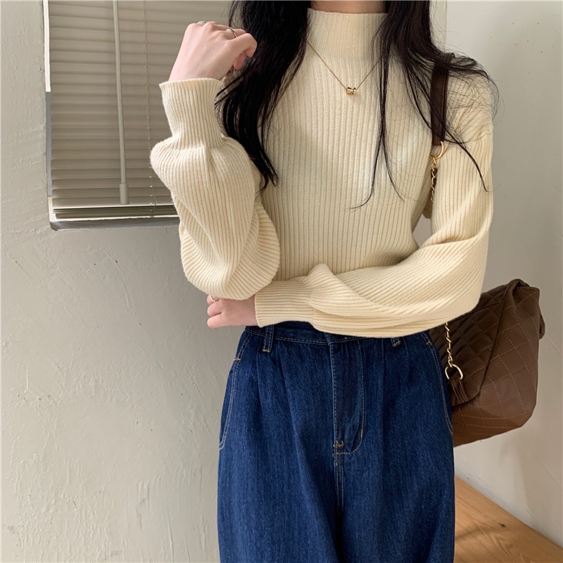 IELGY    Áo sweater Tay Dài Cổ Cao Màu Trơn Thời Trang Cho Nữ