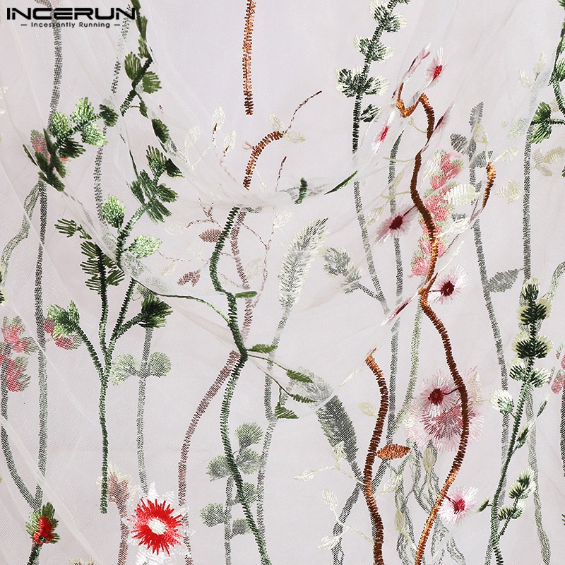 Áo thun INCERUN tay dài phối lưới xuyên thấu thêu hoa quyến rũ cho nam