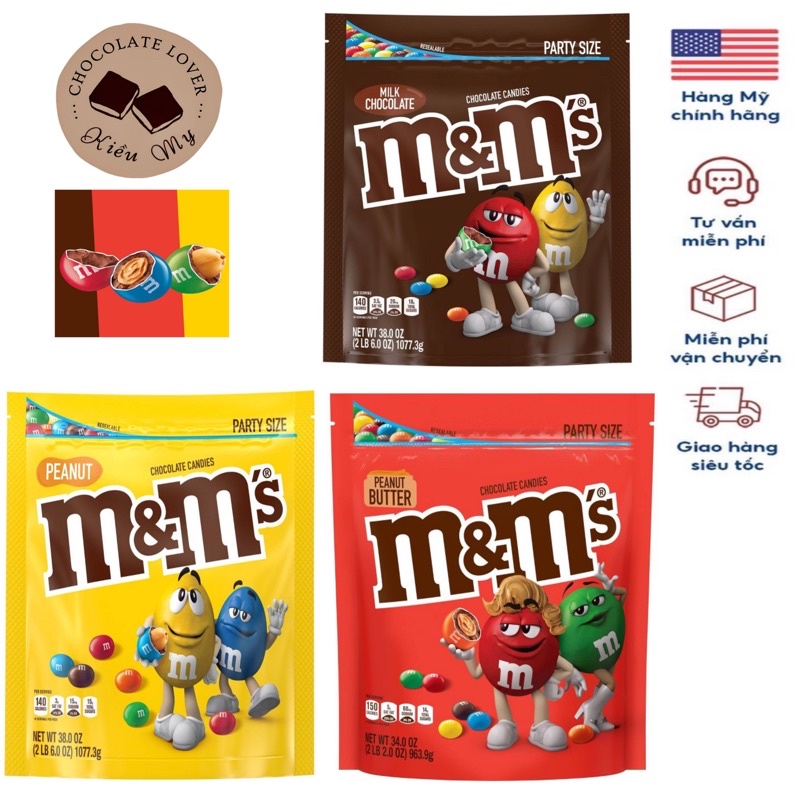 Kẹo socola Mỹ M&M túi 1kg nhân bơ đậu phộng/ sữa/ đậu phộng