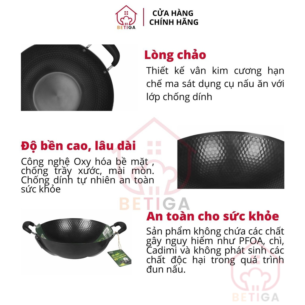 Chảo xào thép sâu lòng vân kim cương Green Cook GCW02 chống dính tự nhiên dùng được trên tất cả các loại bếp