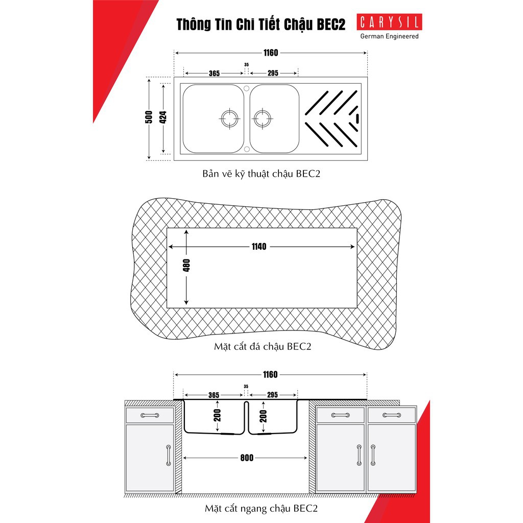 Chậu Rửa Chén Đá 2 Hố Có Cánh Granite Carysil BEC2-03 - Màu Đen - 1160x500mm