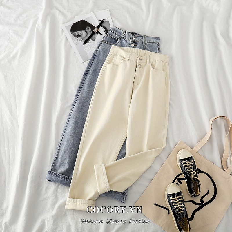 Cocory vn Quần jean lưng cao ống rộng thời trang dành cho nữ