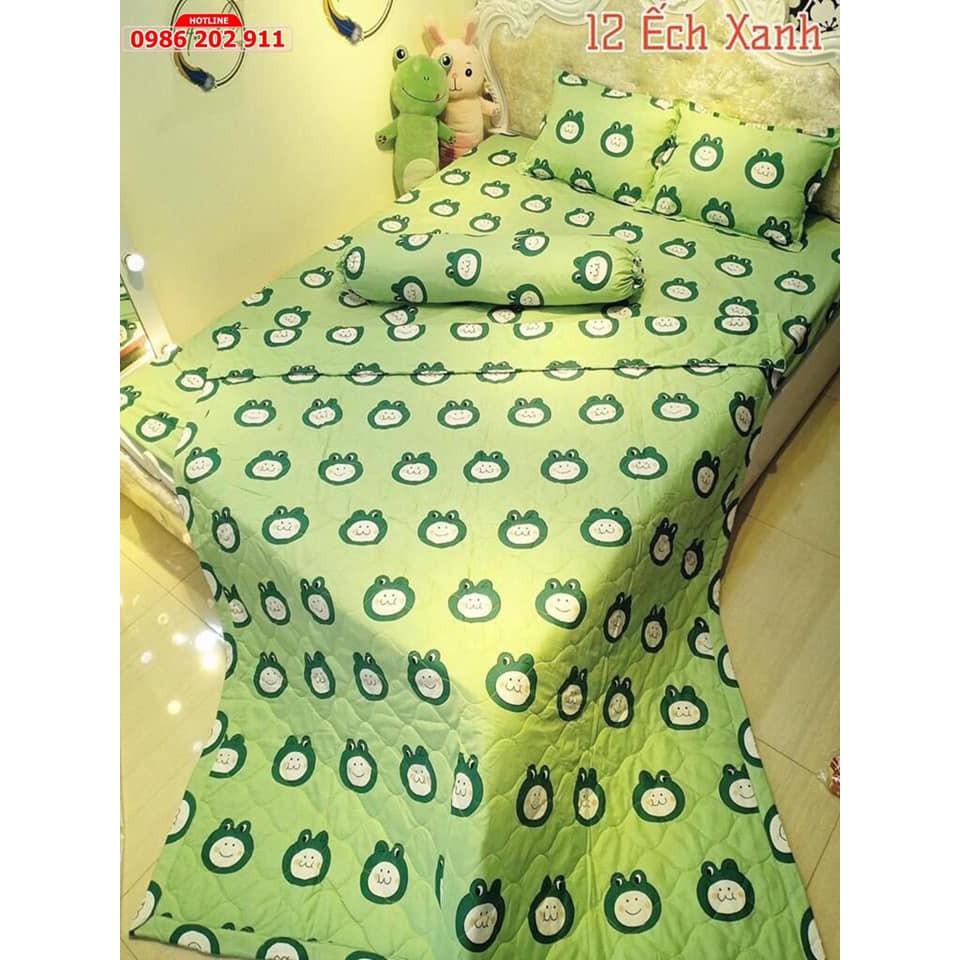 Trọn bộ 5 món ⚡Chăn Ga Gối⚡ Ếch Xanh chăn trần bông 3 lớp hàng loại 1