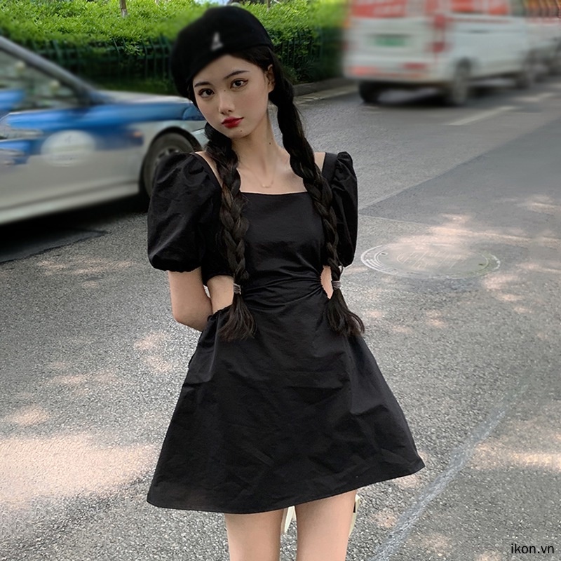 Đầm Mini Cổ Vuông Tay Phồng Màu Trơn Thời Trang Cho Nữ
