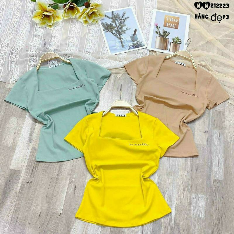 Áo cổ vuông tay ngắn thêu chữ chất zip xịn nhiều màu
