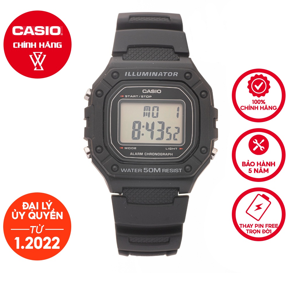 Đồng Hồ Điện Tử Nam Casio WATCHSTORE W-218H-1AVDF Thiết Kế Kính Nhựa 43mm, Độ Chịu Nước 5ATM, Vỏ Nhựa Cao Cấp