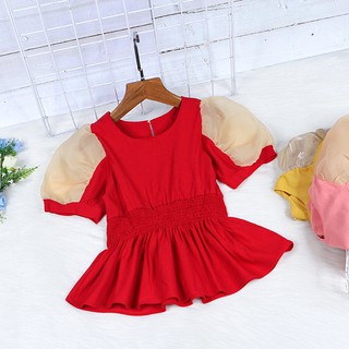 Cochanh - áo kiểu bé gái tay phồng mix voan nhúng eo xinh