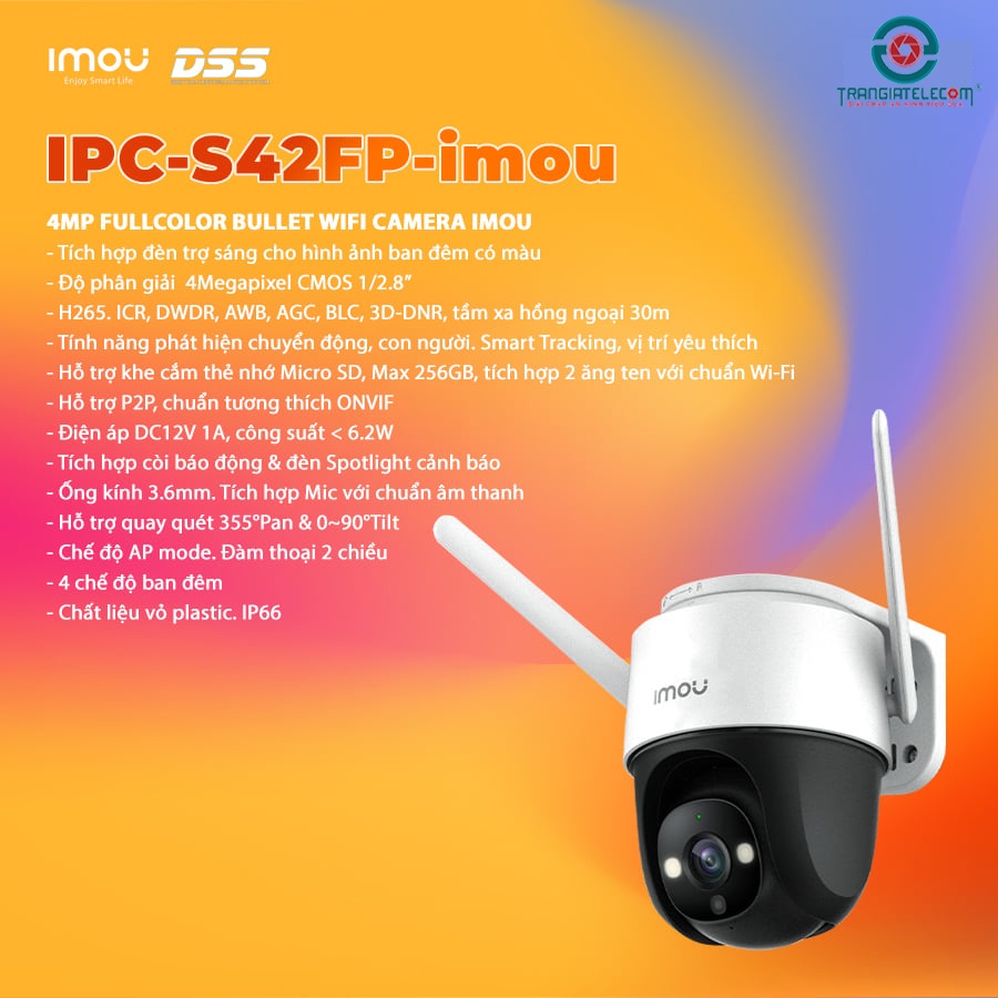 Camera Wifi ngoài trời IMOU S22FP, S42FP có màu ban đêm, xoay 360 độ - TRANGIATELECOM