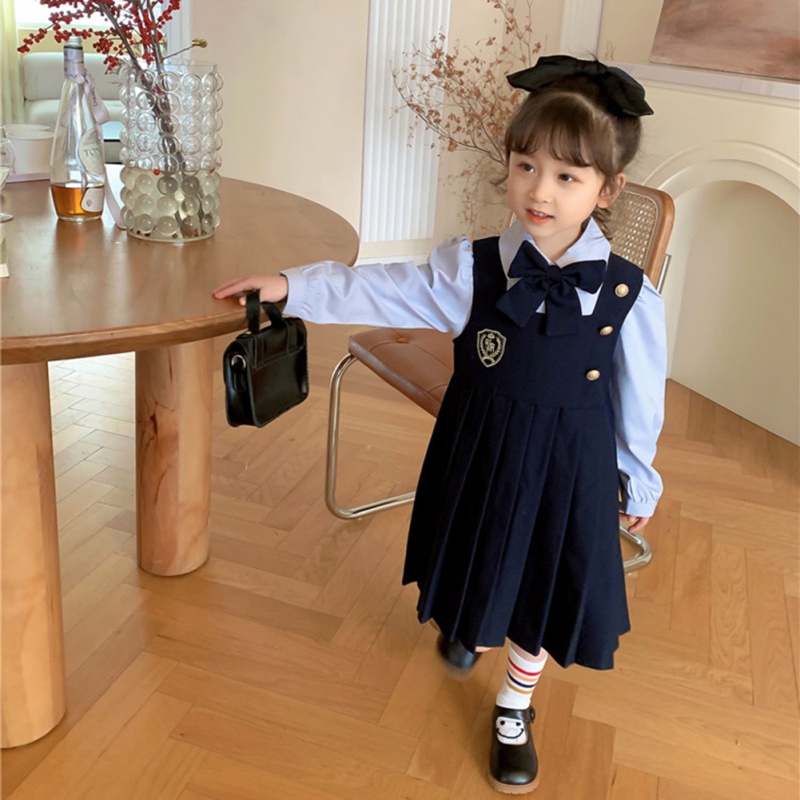 Đầm Công Chúa Tay Dài Giả Hai Lớp Phong Cách Preppy Thời Trang Mùa Thu Cho Bé Gái