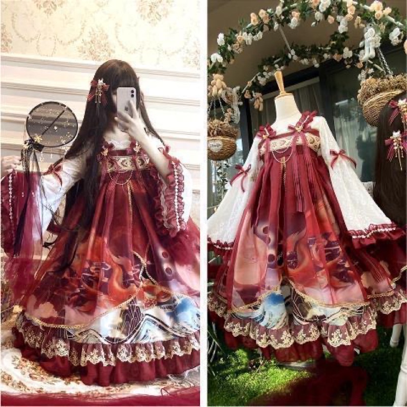 Váy lolita đỏ đầm dài tay