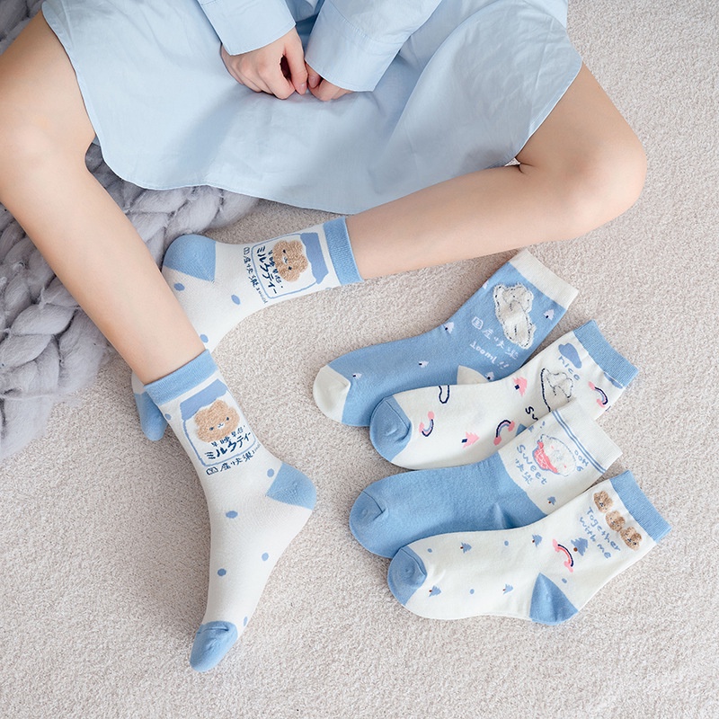 Tất Nữ Cao Cổ Màu Xanh Trắng Dễ Thương, Chất Liệu Vải Hàn Co Giãn Thoáng Khí