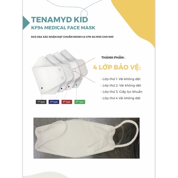 [Hộp 30 cái] Khẩu Trang Trẻ Em KF94 Tenamyd Kid 4 lớp Chuẩn NIOSH N95