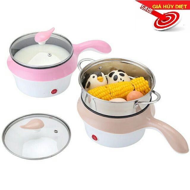 (TAY DÀI VĨ NHÔM) Nồi lẩu điện mini chống dính có tay cầm, xửng hấp đa năng