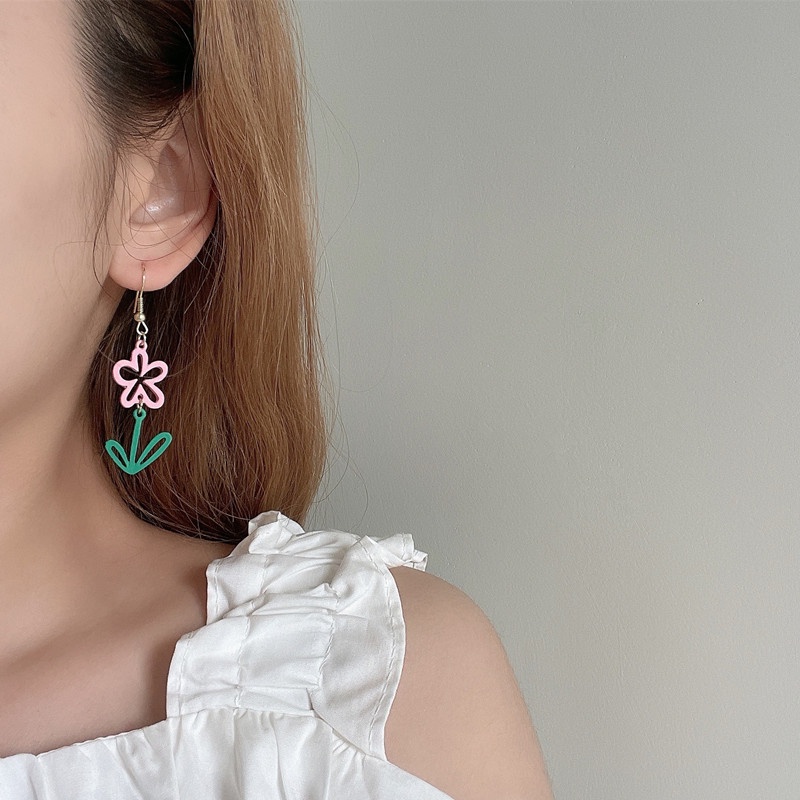 Bông Tai Dáng Dài Họa Tiết Hoạt Hình Gấu / Vịt / Hoa Tulip Phong Cách Hàn Quốc Ngọt Ngào Cá Tính