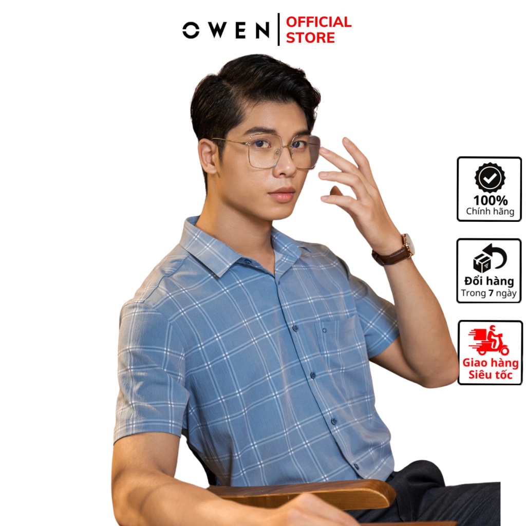 Áo sơ mi nam ngắn tay OWEN BA220056NT somi công sở vải bạc hà cao cấp màu xanh ghi caro dáng suông tà bằng có túi
