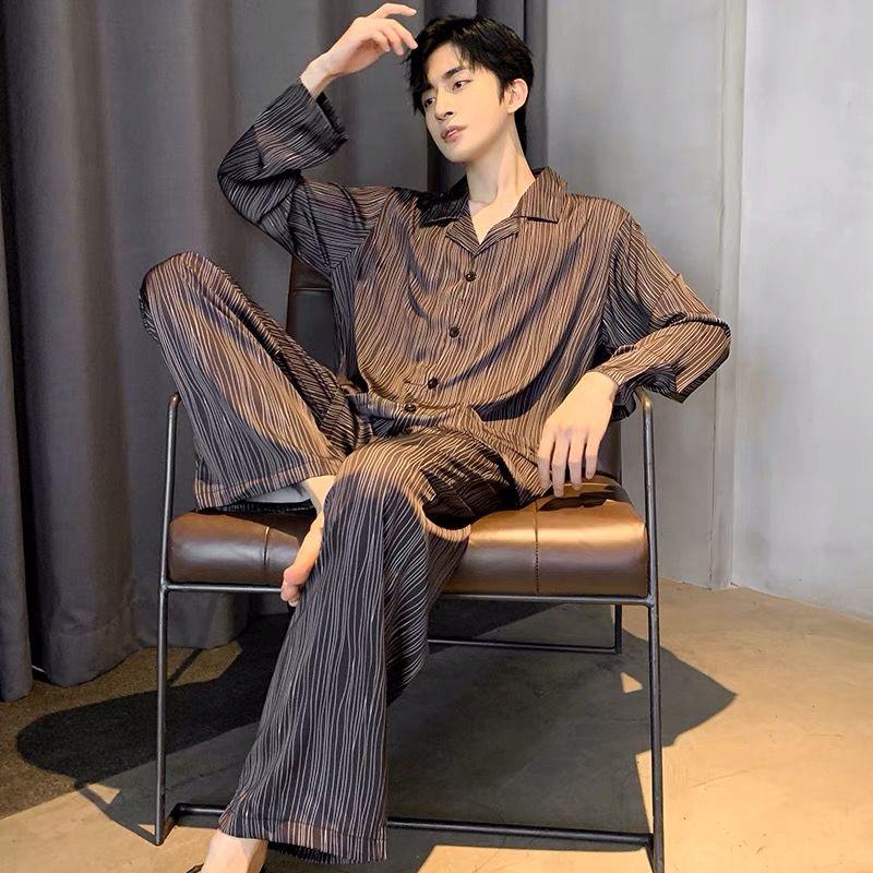 Bộ Đồ Ngủ Lụa Dài Tay Dáng Rộng Họa Tiết Kẻ Sọc Thời Trang Xuân Thu Phong Cách Mới Cho Nam