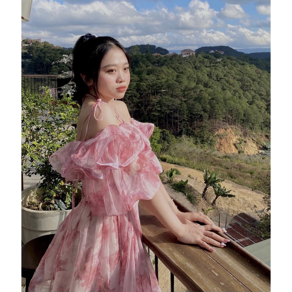 ĐẦM HOA RỚT VAI CHÉO DÂY CỔ BÈO NGỰC TAY PHỒNG