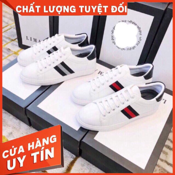 Giày thể thao nam màu trắng phối sọc đỏ - sọc xám, kiểu dáng thời trang, basic thích hợp đi học, đi chơi, đi làm - Hàng