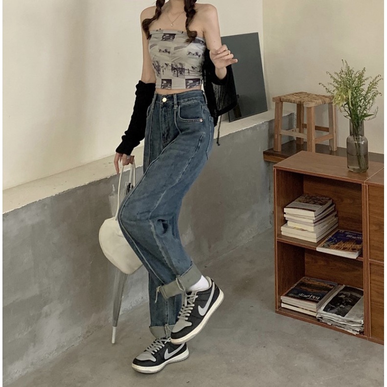 Quần Denim | Quần Denim Jeans Nữ Cạp Cao Dáng Dài Thiết Kế Xắn Gấu Chất Jeans Dày Dặn Hàn Quốc