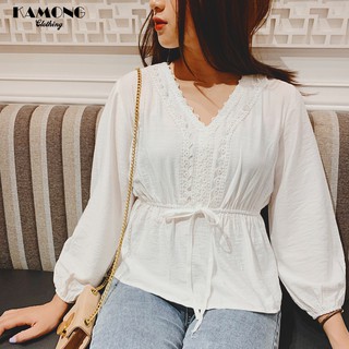 Áo kiểu phối ren rút eo KAMONG A052